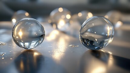 A set of translucent marbles, scattered across a smooth surface, each glowing softly as light passes through them