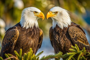Close-up portrait of two bald eagles facing each other in forest