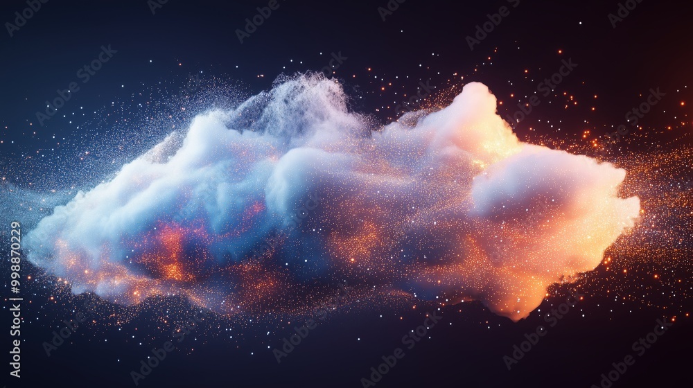 Poster cloud of smoke with a red and orange glow. the smoke is made up of tiny particles that are scattered