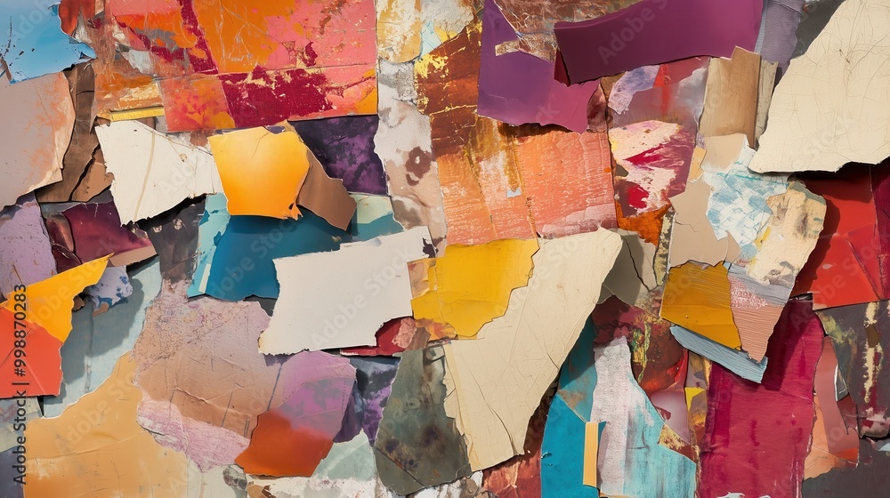 Poster collage of torn paper with a variety of colors and textures. the image is a representation of the id