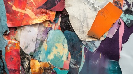 Collage of torn paper with a variety of colors and shapes. Concept of chaos and disarray, with the different pieces of paper scattered and overlapping each other