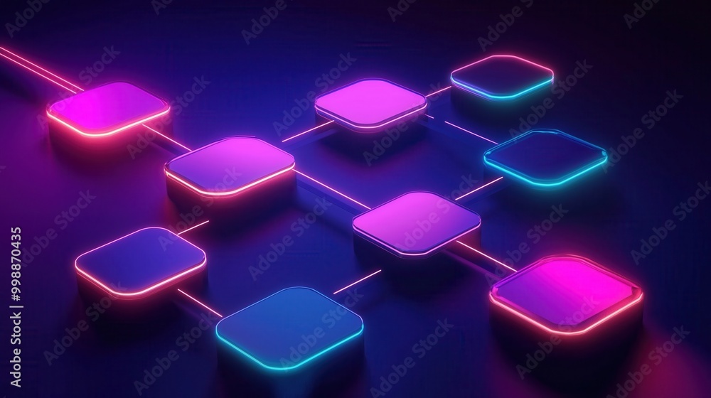 Poster colorful network of squares with a purple background. the squares are connected to each other in a w