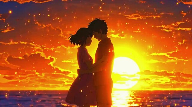 The couple hugs autumn leaves park, golden leaves dance nostalgic feel, glow of streetlights hand in hand, raindrops fall. lofi beats cozy, atmosphere, 4k Japanese anime-style Lofi Animation Video