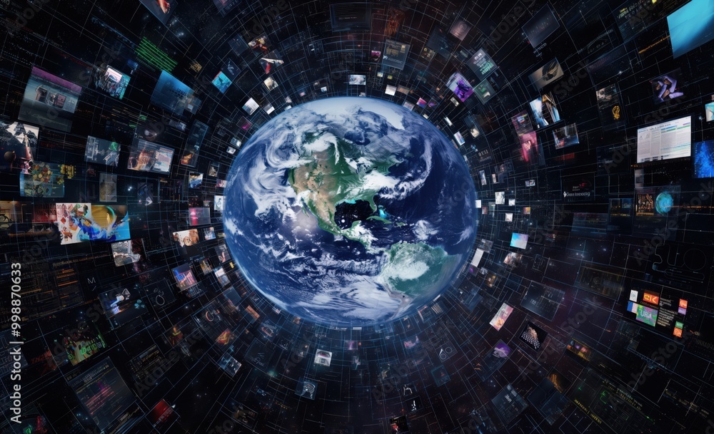 Poster computer generated image of a planet with many different pictures surrounding it. concept of a vast 