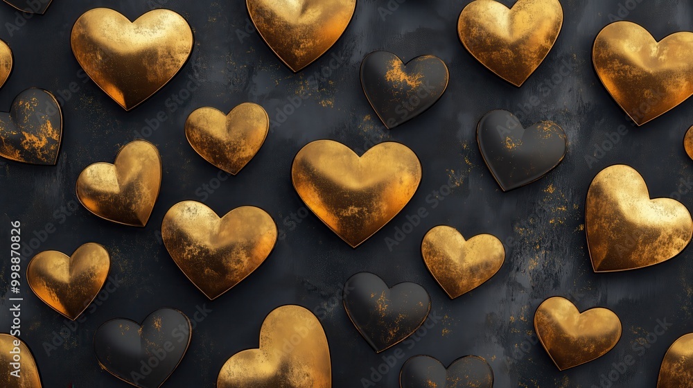 Poster gold and black heart pattern is displayed on a black background. the gold hearts are larger than the