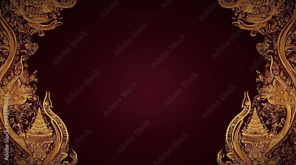Poster gold and red background with a gold and red border. the background is a deep purple color