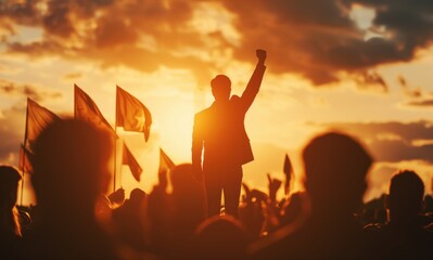 Fototapeta premium Man is standing in front of a crowd of people, holding his fist up in the air. The crowd is cheering and waving flags. Concept of unity and excitement, as the man