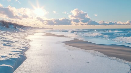 Beaches with winter elements like snow-covered sand and chilly waves, creating a rare and serene coastal winter landscape