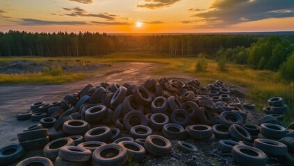 Pile of old tires is scattered across a field. The sun is setting in the background, casting a warm glow over the scene. The tires are of various sizes and colors, creating a sense of chaos