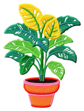 embroidered potted plant with yellow and green leaves