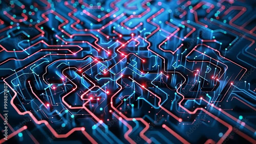 Poster complex network of lines and glowing points forming a futuristic technological pattern resembling ne