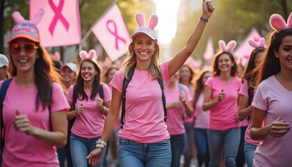 Women in pink shirts and bunny ears walking in a parade.
