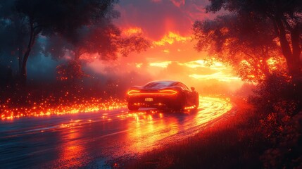 Car driving on the road of Europe. road landscape in summer. Car rushing along a high-speed highway in the sun.