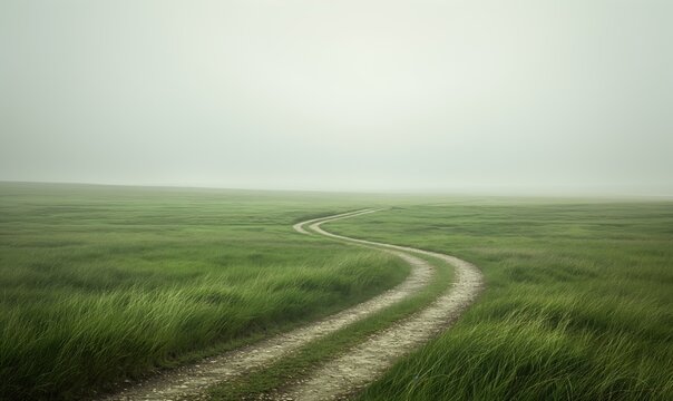 Road cuts through a field of grass on a foggy day. The road is narrow and winding, and the grass is tall and green. The fog adds a sense of mystery and calmness to the scene