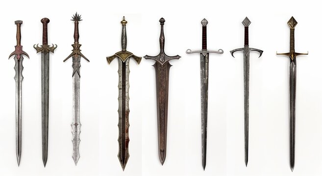 Row of swords are shown, with the first one being a long, silver sword with a gold hilt. The other swords are also long and silver, but they have different designs and decorations