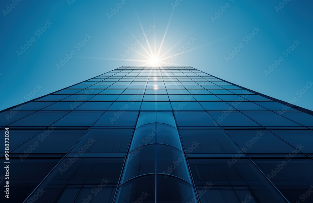 Poster tall building with a large window on the side. the sun is shining through the window, casting a brig