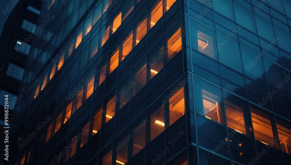 Poster tall building with many windows and a lot of light coming in. the building is lit up and has a moder