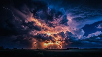 Fototapeta premium Stormy sky with lightning bolts and dark clouds. Scene is intense and dramatic