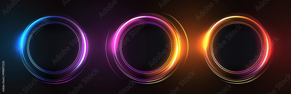 Poster three colorful circles with a black background. the circles are in different colors and sizes. the c