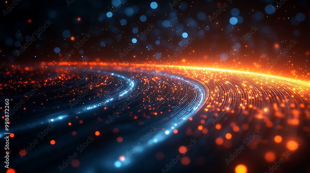 Poster abstract background with glowing particles and lines in blue and orange.