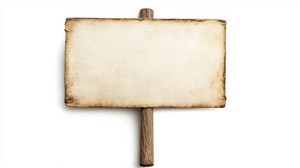 Wooden sign with a blank space on it. The sign is leaning on a wooden post. The sign is old and worn, and it seems to be a sign for something important