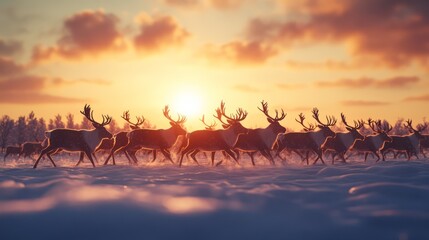 Herd of reindeer trekking across a snowy plain, antlers silhouetted against a winter sunset