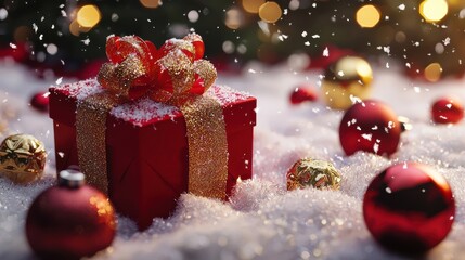 A festive banner featuring a beautifully wrapped red and gold gift surrounded by snowy decorations, ideal for promoting holiday sales or Christmas gift ideas