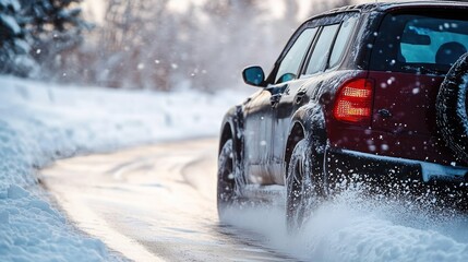 Car tires on winter road, Winter tire with detail of car tires in winter snowy season on the road covered.