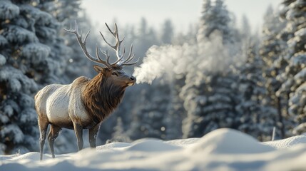 Majestic elk standing in a snow-covered forest, steam rising from its breath in the cold air