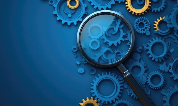 Magnifying glass with gears inside on a blue background, symbolizing business strategy, problem solving, or finding solutions.