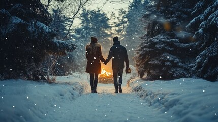 Romantic winter couples enjoying snowy walks and cozying up by the fire, capturing intimate moments in a winter wonderland