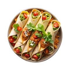 Top view of Mexican food Flautas isolated on a white transparent background 