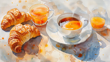 Watercolor vintage breakfast illustration , top view, AI Generated