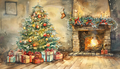 Vintage watercolor Christmas tree in a cozy Christmas room, AI Generated
