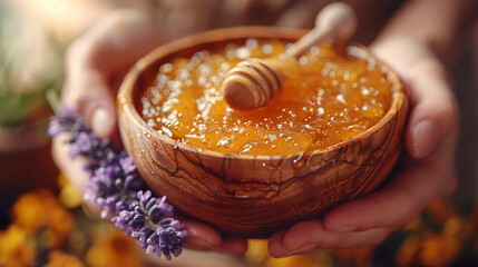 Hands holding a wooden bowl overflowing with golden honeycomb and surrounded by flowers and honey