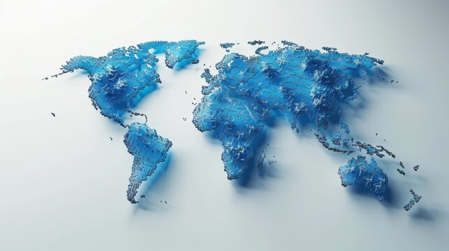 Fototapeta A blue pixelated world map is depicted on a white background with light gradient effects, representing a modern business and technology concept. 3D Rendering.