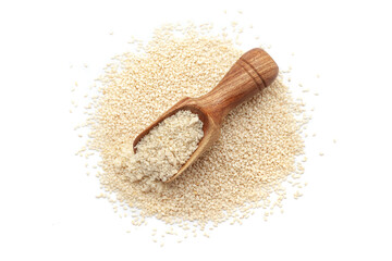 A wooden scoop filled with organic White Sesame seeds (Sesamum indicum) or Til powder, placed on a...