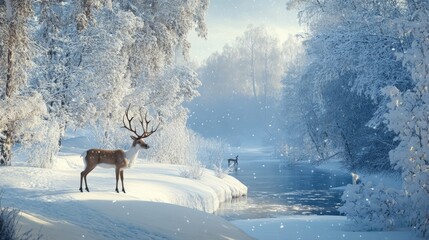 Winter wonderland with reindeer and snow-covered trees, serene scene, December 22