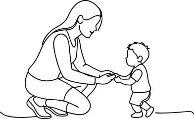 Happy mom with her little son in continuous line art drawing style, mother holding son,  smiling mom and son sketch,  happy mom and little boy outline vector illustration