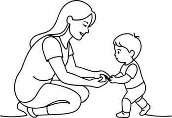 Happy mom with her little son in continuous line art drawing style, mother holding son,  smiling mom and son sketch,  happy mom and little boy outline vector illustration