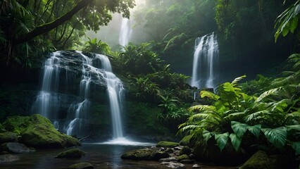 Obraz premium Majestic Waterfalls Cascading in Lush Green Rainforest