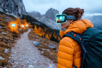 Futuristic autumn hiking gear, where a hiker uses augmented reality glasses to navigate an autumn mountain trail, with glowing holographic signs showing the way