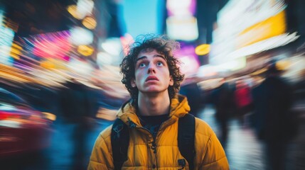 Obraz premium person looking confused or disoriented amidst a bustling cityscape