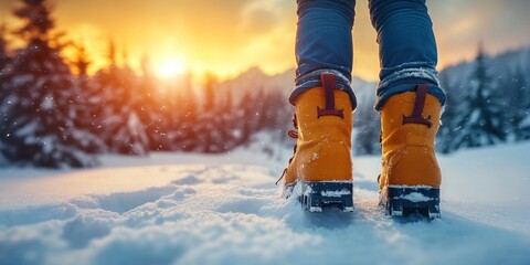 An alpinist stands in snow, wearing bright boots, looking toward a vibrant sunset behind distant mountains, ready for the next climbing adventure