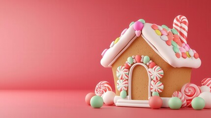 Obraz premium 3D Animation Cartoon of A gingerbread house decorated with candy, green background, 8k, cinematic, in focus, realistic texture, no grunge, very detail,