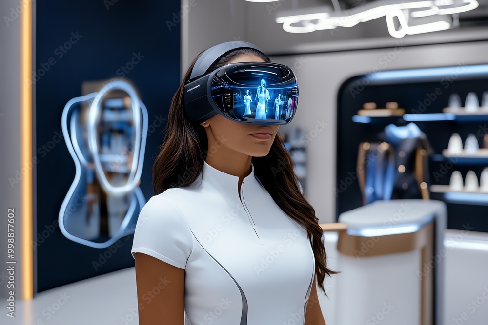 Poster futuristic consumer shopping experience, where customers interact with holographic product displays 