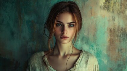 Fototapeta premium Portrait of a Young Woman with Brown Hair and Green Eyes Against a Textured Wall