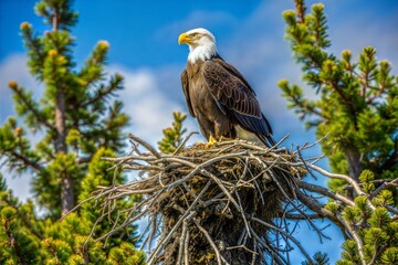 Bald eagle in nest overlooking forest symbolizing freedom and power