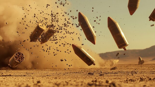 A striking visual of cluster bombs breaking apart mid-air, with individual smaller explosives cascading downward toward the ground, illustrating the powerful and destructive nature of these weapons