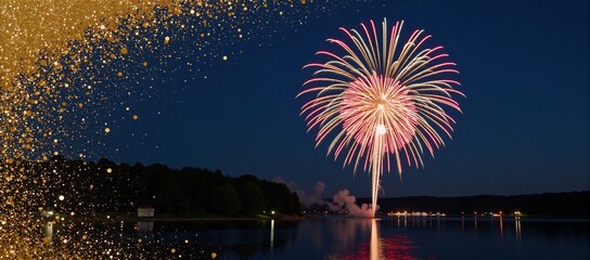 An abstract gold-glitter backdrop featuring fireworks celebrating Christmas Eve New Years and Fourth of July holidays